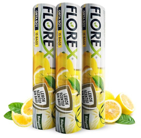 Lemon Scented Plastic Bin Bags 3 Rolls, 55 x 60cm, Bin Liners with Drawstring, 30-40 Liter Counts 45 Scented Bags for, Office, Kitchen, Trash Bags