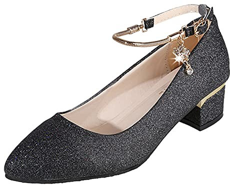 Riemchenpumps Damen Glitzer mit Blockabsatz Brautschuhe Glitzerschuhe Elegant Absatz High Heels Hohe Schuhe Vorne Geschlossen Bequem Damenschuhe Tanzschuhe Schwarz Stöckelschuhe