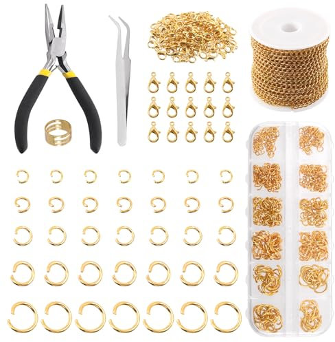 Keadic 504Pcs 30 Feet 3mm Stainless Necklace Making Chains with 4mm 5mm 6mm 10mm Open Jump Rings, Lobster Clasps, Jewelry Pliers for Earring Bracelet Anklet DIY Craft (Gold)