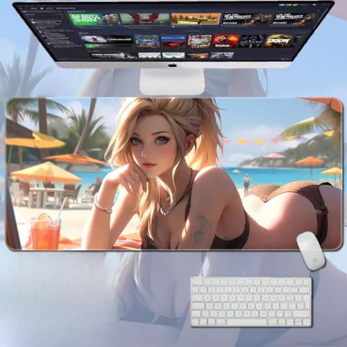 Overwatch Tapis de souris de jeu XXL avec bords cousus en caoutchouc antidérapant pour ordinateur portable et bureau Motif Mercy 1