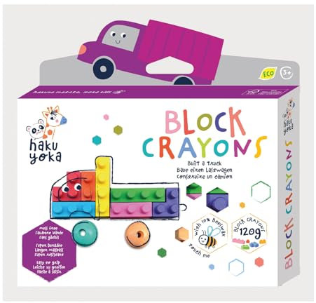 Haku Yoka 6303085 Block Wachsmalkreiden-Set, Lastwagen, Wachsmalsteine in kräftigen Farben, Wachmalstifte in Klemmbaustein-Form, ohne Abfärben, für Kinder ab 3 Jahren
