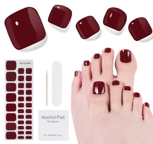 Semi Cured Gel Nail Strips- 32 Pcs Gel Nail Stickers,Wine red Toenail Stickers, Works with Any UV Lamp - Easy to Carry Holy Gel& Use and Remove，Suitable for Both Girls and Women
