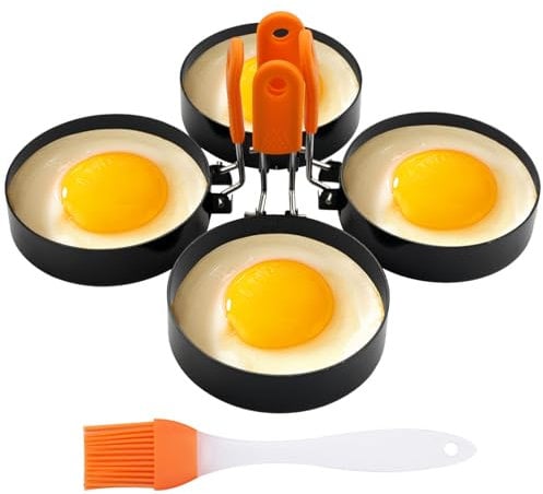 4 Stück Eierringe Edelstahl Mit Ölpinsel, 9 Cm Spiegeleierformen für Die Pfanne, Antihaftbeschichtet Eierform für Die Pfanne, Spiegelei Form, Eierring für Spiegeleier, Hackbraten, Omeletts