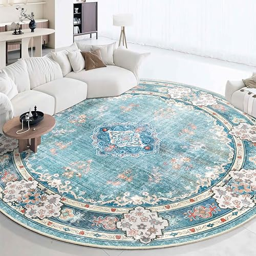 MUJOO Runder Teppich, groß, rund, waschbar, für Schlafzimmer, Wohnzimmer, Badezimmer, Boho, rutschfest, rund, Blumenmuster, Blaugrün, 2,7 m