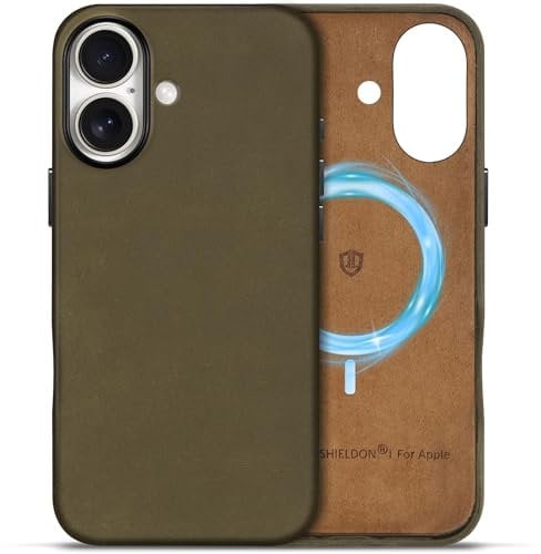 SHIELDON Leather Case for iPhone 16 6.1, [Top Grain Crazy Horse Leather][Magnetic Wireless Charging][Anti-Scratch][Metal Button] Protective Slim Phone Cover Compatible with iPhone 16 - Retro Khaki