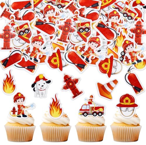 Blumomon 40 Stück Essbar Feuerwehrmann kuchen Cupcake Toppers Feuerwehr LKW Cupcake Dekorationen Baby Dusche Boy Mädchen Geburtstagsfeier Dekorationen