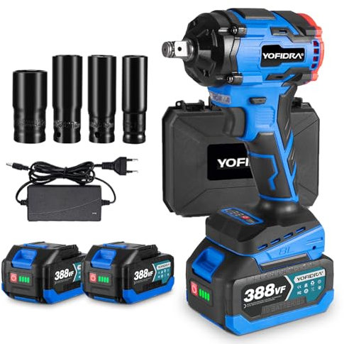 Yofidra Avvitatore a percussione a batteria, 450 N.m, con 2 batterie, avvitatore a percussione elettrico senza spazzole, 3 marce, per casa e auto con 4 bussole 17/19/21/22 mm, luce di lavoro a LED