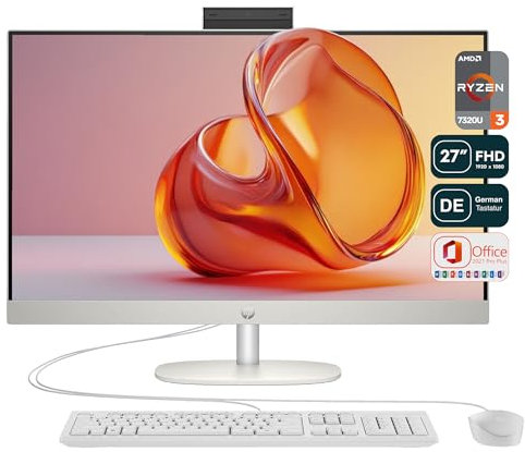 HP Pavilion All-in-One Desktop PC, AMD Ryzen 3 7320U, 8 GB DDR5 RAM, 512 GB PCle SSD, 27 FHD IPS Display, AMD Radeon 610M Grafikeinheit, QWERTZ Tastatur + Maus, Windows 11 Pro, Office 2021, White
