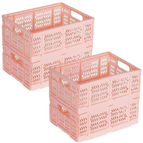 Senloglb Lot de 4 caisses de rangement pliables rectangulaires empilables en plastique avec poignées, 20 L, pour la maison, la cuisine, l'école et la salle de classe, rose