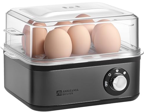 Annie & Mia Design - Stainless steel electric egg cooker, capacity of 8 eggs, 500 W, hard, medium, boiled egg peeler, egg steamer, multifunctional, button control and