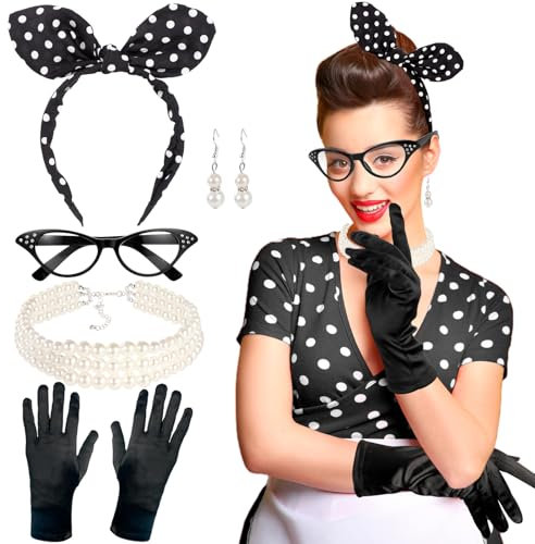 HOWAF 50er Jahre Kostüm Damen: Polka Dot Haarband, Brille, Perlenkette, Ohrringe, Handschuhe für Damen, Rockabilly Accessoires, Halloween Kostüm, Fasching Karneval Kostüm