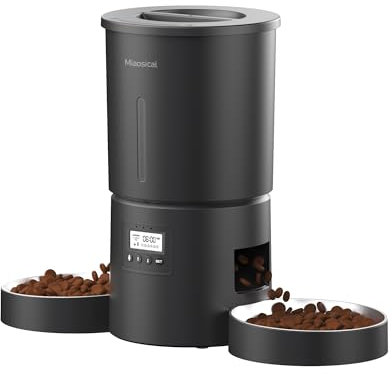 Miaosical Distributeur Automatique de Nourriture pour Chat avec Double Bol pour 2 Chats, Chatons et Petits Chiens (Noir, 4.2L+Acier Inoxydable 2 Bols)