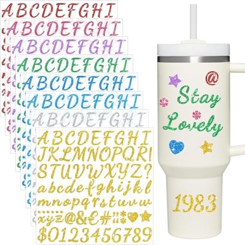 8 Sheets Glitter Letter Stickers for Cup, Alphabet Name Stickers for Water Bottles,Vinyl Waterproof Personalized Letter Number Name Tags Logo Sticker for Scrapbooking Tumbler Accessories(Multicolor)
