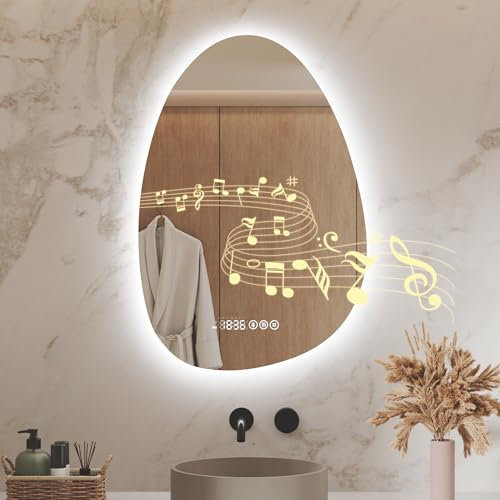 S'AFIELINA Miroir de Salle de Bain avec Éclairage Asymétrique 85×50×3,0cm (H×L×P), Interrupteur Tactile, 3 Couleurs de Lumière Réglables, Antibuée, Bluetooth, Horloge, Température et Fonction Mémoire
