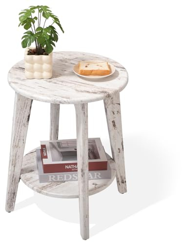 FEUFOAM Runder Beistelltisch aus weißem Holz mit unterer Ablage, rustikaler Vintage-Nachttisch, Beistelltisch für Wohnzimmer, Schlafzimmer, kleine Räume