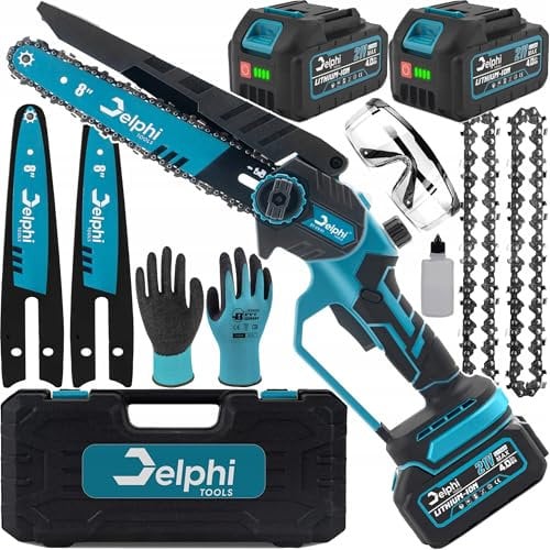 DELPHI Tronçonneuse avec batterie de 20,32 cm - Avec moteur sans balais - 2 batteries de 4000 mAh et 21 V - Scie électrique pour le bois - Pour sécateur, élagueur