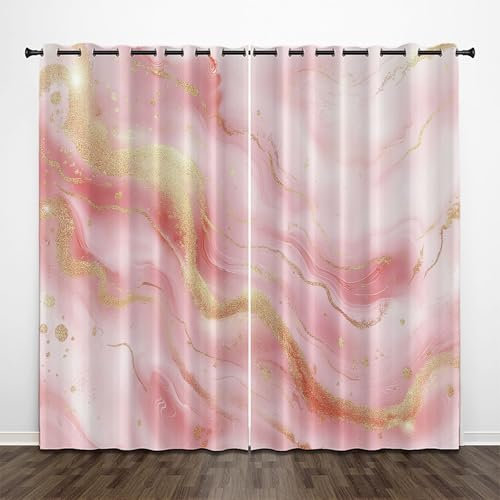 CEDNXOER Rosa 3D Vorhänge Blickdicht Ösen 2er Set H 225 x B 140 cm,Rosa Marmor Gardinen Wohnzimmer Ösenvorhang, Gold Textur Druck Thermovorhang Kälteschutz Schallschutz Vorhänge Fensterdekoration