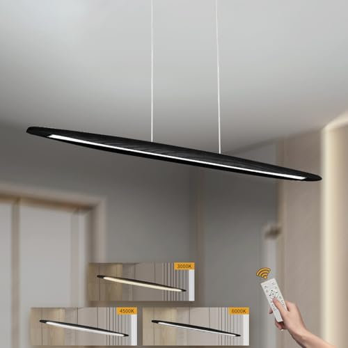 YYUTLUO LED Holz Pendelleuchte Esstisch Pendelleuchte, Schwarz Dimmbar mit Fernbedienung Pendellampe, Höhenverstellbar, Modernes Geradliniges Design Wohnzimmerlampe Hängend für Büro Esszimmer (100cm)