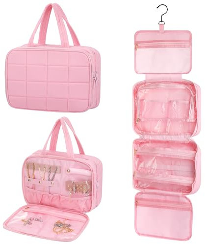 Kulturbeutel zum Aufhängen Damen, Kulturtasche Damen zum Aufhängen mit Schmuck Organizer, Faltbarer Wasserdichter Reise Kulturbeutel, Hanging Toiletry Bag mit Mehreren Fächern, Waschtasche mit Haken