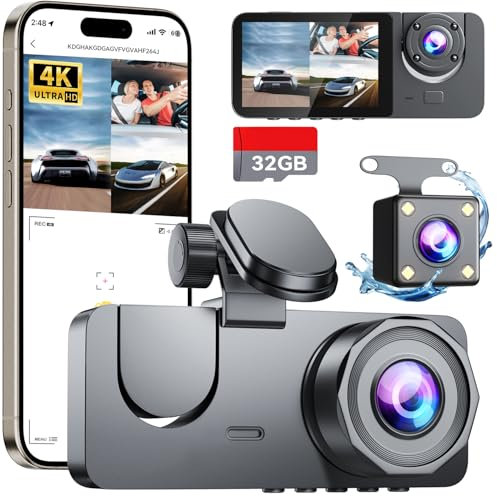 Dash Cam Front and Rear, 4K+1080P Dash Camera Included 32GB SD Card, Dash Camera for Cars, 3 Channel Dashcam with Night Vision, G-Sensor, 24H Parking Mode, 170°Wide Angle, Loop Recording