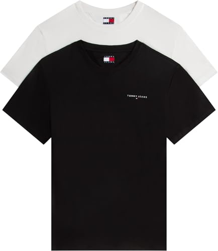 Tommy Jeans Herren 2er Pack T-Shirts Kurzarm Slim Linear mit Rundhalsausschnitt, Weiß (Ecru/Black), 4XL