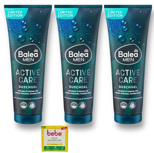 3x Balea MEN Duschgel Active Care, Pflegedusche für Männer + 1x Bebe feste Duschpflege | 3x 250ml