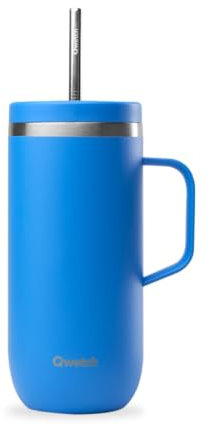 QWETCH - Cold Cup 600ml avec Poignée et Paille - 24h Glacé & 12h Froid - Bleu Azur - Gourde Isotherme en Inox, Tasse Thermo Café