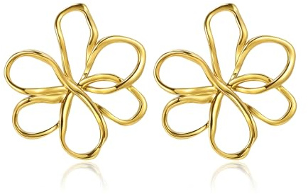 Wasserdichte goldene Blumen-Ohrringe für Damen, trendig, klobig, goldfarben, florales Statement-Urlaubs-Ohrstecker, Edelstahl, Kein Edelstein