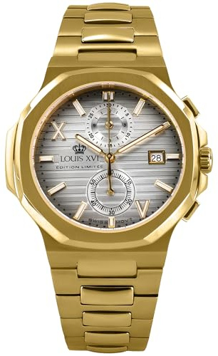LOUIS XVI Renaissance Chrono 1650 - Ø 40 mm - Herren Uhr - Wasserdicht - Uhr mit Saphirglas - Armband Gold - Zifferblatt Silber - Schweizer Quarzwerk