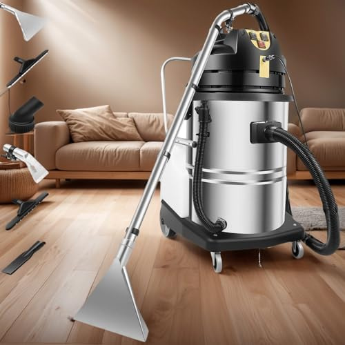 DHMYDPDZ 60L/20L Commercial Carpet Cleaning Machine,2-in-1 Wet Dry Vacuum Cleaner for Carpet/Floor/Auto Detailing,2110W 250mbar Suction,Stainless Steel Shampooer with 6 tools and Wheels