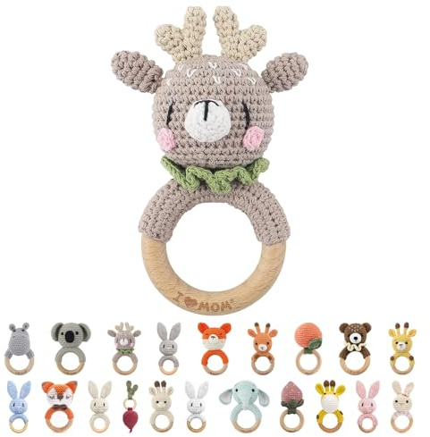 I LOVE MOM Hochet pour bébé - Anneau de dentition en bois crocheté - Jouet en bois avec son - Cadeau pour nouveau-né garçon et fille - Cadeau de naissance