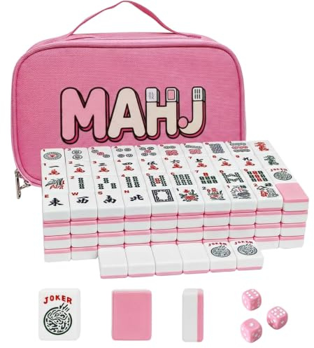 YAQUHO Rosa amerikansk Mahjong kakelset – 166 Mahjong plattor 3 cm graverade Mahjong set söt, bärbart Mahjong spel med bärväska och 3 tärningar, för familjespel natt