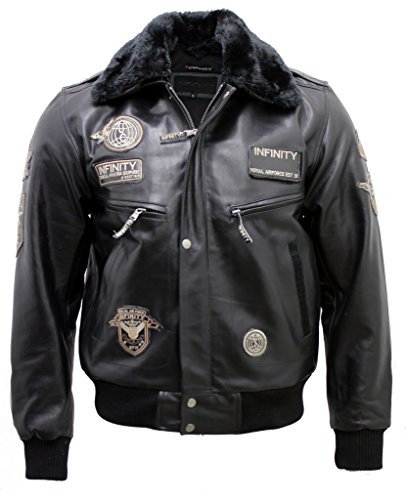 Infinity Men's Black Cow Hide Leather Flight Bomber Jacket with Detachable Collar XS