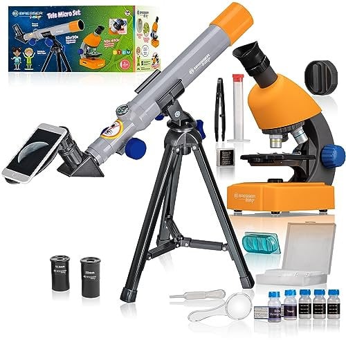 Bresser Junior Mikroskop & Teleskop Set mit Mikroskop 40x-640x Vergrößerung und 40/400mm Teleskop für Kinder ab 8 Jahren