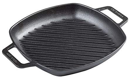 VICTORIA SKL-201 Cast Iron Square Grill Double Loop Handles, Griddle Pan Seasoned with 100% Kosher Certified Non-GMO Flaxseed Oil, Black