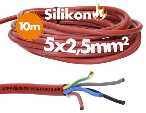 Lapp 00460223 Oliflex Heat 180 Cavo in silicone 5G2,5 mm² I Cavo per sauna 5 x 2,5 mm² I Cavo per sauna 10 m I Cavo in silicone 5 x 2,5 con conduttore di protezione verde giallo SiHF