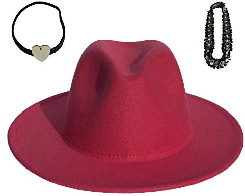 JK Home Wide Brim Fedora Hat - Felt Panama Cap - 2pcs Adjustable Bands - Vintage Style Cosplay Rose Red