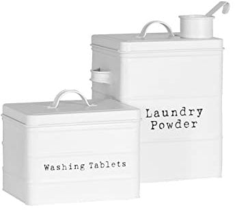 Harbour Housewares 2 x Lavado Metal de la Vendimia en Polvo y tabletas de Almacenamiento Latas - Utilidad de Almacenamiento Botes - cm - Blanco Mate