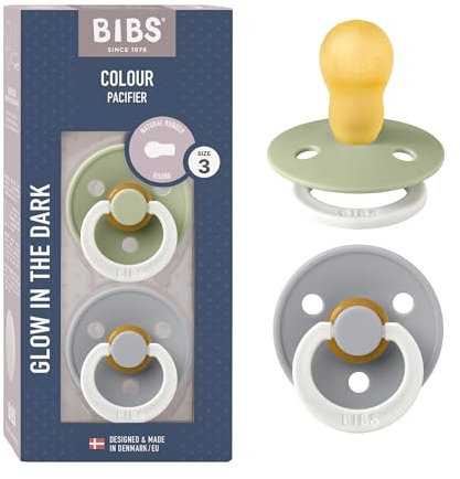 BIBS Colour Glow Schnuller 2er-Pack, BPA-frei. Leuchtet im Dunkeln, Kirschform Nippel. Naturkautschuk/Latex, Hergestellt in Dänemark. 18+ Monate (2er Pack), Sage NIGHT/Cloud NIGHT