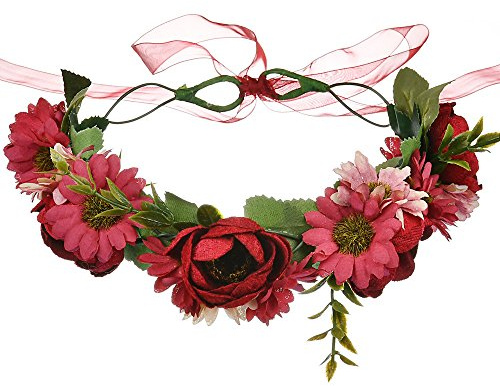 Shiwaki artificial flowers Headband Hair rose Wreath Floral Garland Crown Halo Headpiece with Ribbon Wedding Festival Party(Red)