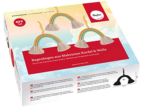 Rayher 55947999 Bastelpackung Makramee Regenbögen, Material für 3 Regenbögen aus Kordel und Wolle, Größe je ca. 13 cm, Regenbogen Dekoration