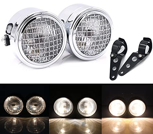 Motorrad Doppelscheinwerfer mit Grillabdeckung und Montagehalterung, Retro Double Dual Lamp Halogen Frontscheinwerfer für Bobber Street Fighter Naked Cafe Racer Dominator (Weiß)