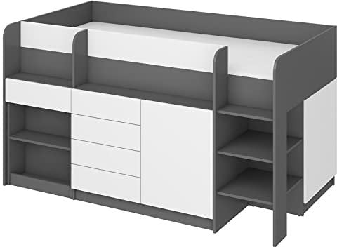 BIM Furniture Etagenbett Smile P Kindermöbel, Möbelset für EIN Kinderzimmer, EIN Bett mit Schreibtisch, Regalen, Schubladen: Rechte Seite (Graphit/Weiß)