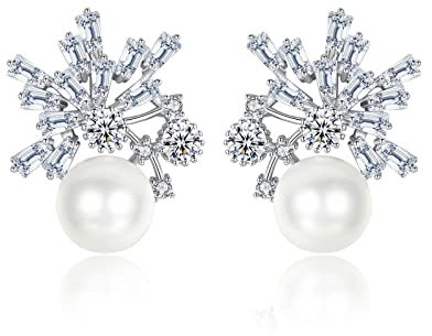 Daesar Ohrstecker Damen Vergoldet, Hochzeit Ohrringe Zirkonia Blumen mit Rund Perle Ohrringe Gold Nickelfrei für Frauen