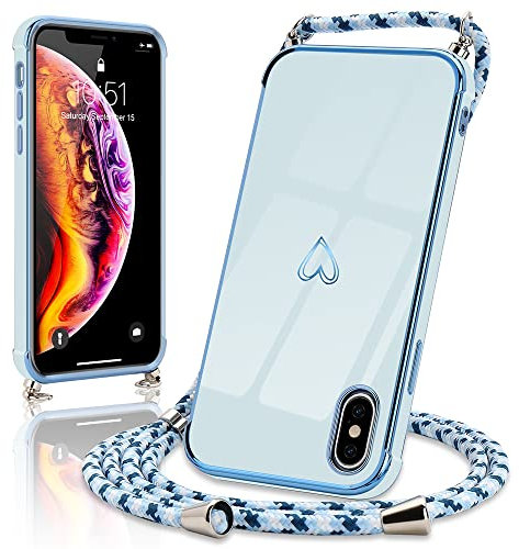 Micoden Handykette kompatibel mit iPhone X,iPhone XS hülle Ultra dünn Kameraschutz Herz Love Design Galvanik TPU Silikon Bumper Kordel zum Umhängen Handyhülle mit Band Schutzhülle,Blau