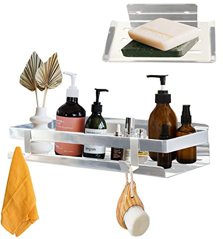 Estante de Ducha sin taladrar, 1 Soporte para champú de Ducha, 1 Soporte para jabón de Ducha, THUOHBOVA Estantes de Ducha para baño de Acero Inoxidable Sus 304, con 2 Ganchos, Plata Pulida, 30 cm