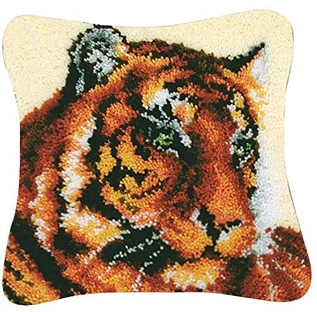 VIONNPPT Knüpfkissen für Kinder Erwachsene, Tier Muster Deko Kissenbezug Knüpfteppich Zum Selber Knüpfen DIY Kissen Latch Hook Kit,43cmX43cm (Tiger A)