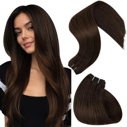 Hetto Extensions Echthaar Tressen Braun Haarverlängerung zum Einnähen Tressen Echte Haare Extensions 45cm 100g Doppelt Tressen Glatt Haare Dunkelbraun #4