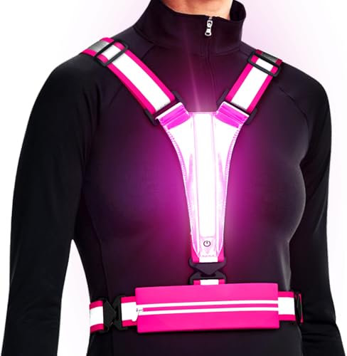 Reflektierende LED-Weste, Laufausrüstung, über wiederaufladbar, leuchtende Laufweste, Brust, Handyhalter für Läufer, Nachtspaziergänge, 6–11 Stunden Licht, verstellbare Taille/Schulter für (rosa)