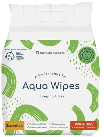 NEW Aqua Wipes Essentials Baby Wipes - Biodegradable and plastic free Sensitive Baby Wipes with 99.6% purified water. Suitable for newborn onwards (Bundle - 4 packs of 56 wipes, Total 224 wipes).